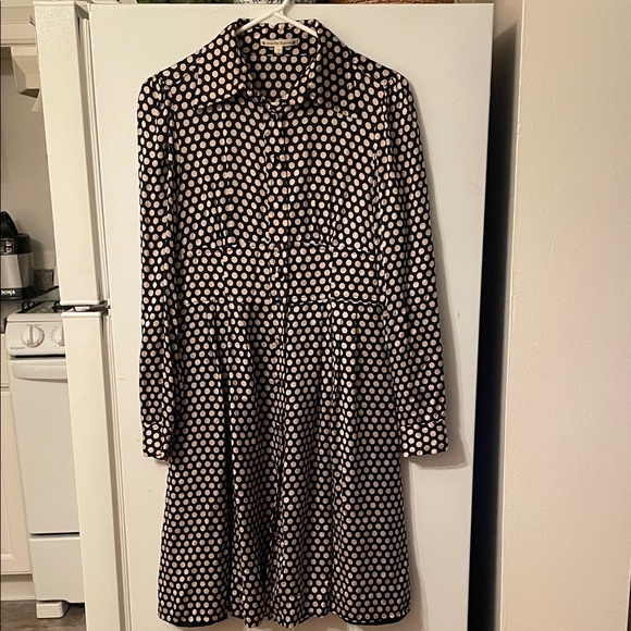 Nanette Lepore Size 6 100% Silk Black Cream Polka Dot Long Sleeve Collared Dress - Picture 1 of 6